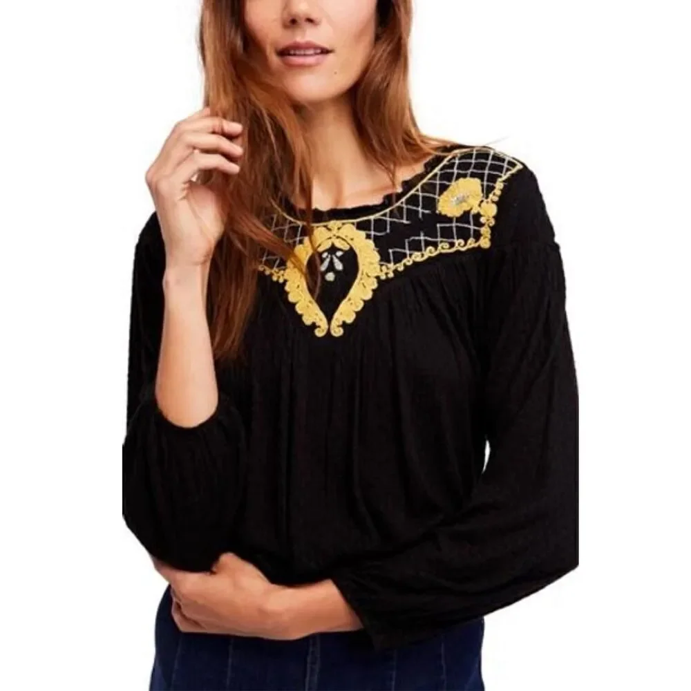 Free People Crepe Crop 3/4 Sleeve Blouse size L BIN‎ O